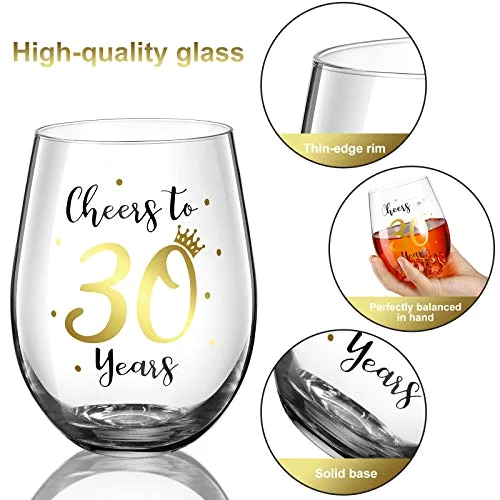 Cheer to 30 Birthday Stemless Wine Glass 30th Birthday Wine Glass Present for Men Women 30th Birthday Party Wedding Anniversary Party Decorations 17 oz view 4