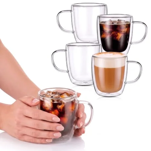Glass Coffee Mugs Set of 4, 16 oz Clear Double Walled Coffee Cups Glasses Insulated Latte Mugs with Handle Espresso Clear Cups for Hot and Cold Beverages
