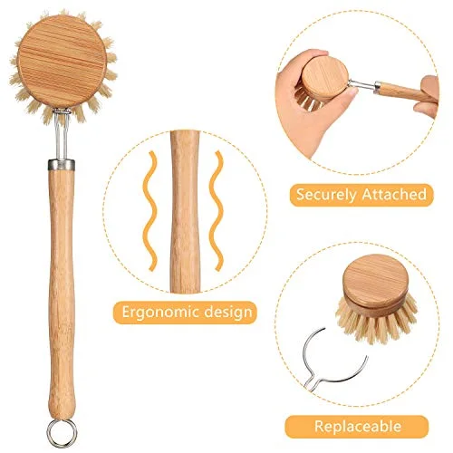 8 Pieces Dish Brush with Wood Handle, Natural Dish Scrubber Brush Set Includes 7 Replacement Bristle Heads & 1 Bamboo Handle for Dishes, Pans, Pot, Fruit and Veggie view 4