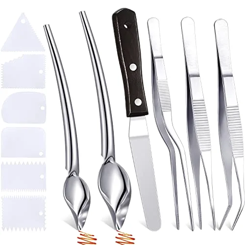 12 Pcs Chef Plating Tools Plating Drizzle Spoons Cooking Tweezers Culinary Precision Stainless Steel Drawing Spoons Plastic Dough Scrapers Wood Icing Spatula for Chef Cake Candy Decorating