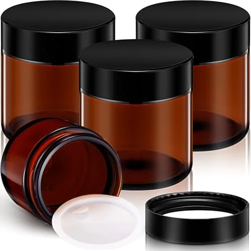 4 oz Glass Jars with Lids, 4 Pack Amber Cosmetic Jars with Black Lids Leakproof and Dishwasher Safe for Travel Storage Makeup, Cream,Lotion,Ointments