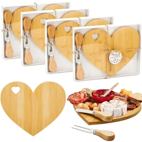 4 Set Bridal Baby Shower Favor Heart Cheese Board with Knife, Wood Mini Charcuterie Board Thank You Gift Box for Guest Bridal Baby Shower Prize Wedding Valentines Birthday