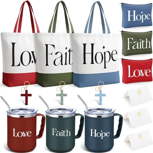 15 Pcs Christian Gift for Women Faith Inspirational Religious Gift Set Includes Stainless Steel Mugs, Canvas Tote Bags, Cosmetic Bags, Bible Accessories for Church Sunday Mothers Day