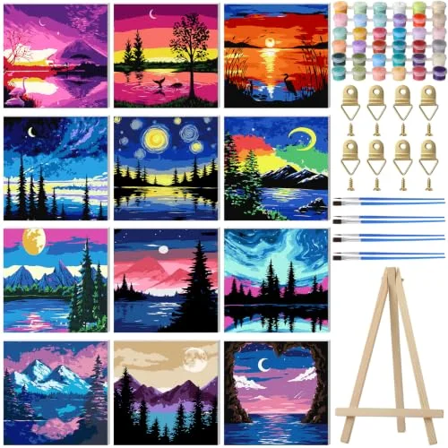 12 Pack Landscape Paint by Numbers Kit for Adults Beginner, 8 x 8''