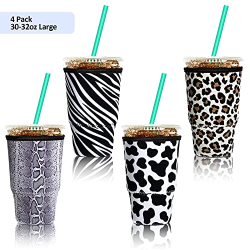 4 Pack Reusable Iced Coffee Insulator Sleeve, Neoprene Coffee Cup Holder for Iced Hot Drinks, Beverage Holder for Most Drinks view 2
