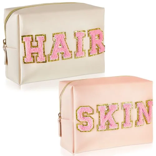 2 Pcs Preppy Makeup Bags Chenille Letter Patch Bag Face Skin Hair Stuff Aesthetic Cosmetic Bag Travel Zipper Pouch Makeup Organizer Graduation Gift for Girls
