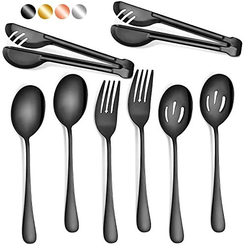 8 Pcs Black Stainless Steel Serving Utensils Set 8.7" Large Spoons and Slotted Spoon 9.45" Tong 9" Forks Flatware Wedding Party Restaurant Cooking Kitchen Holiday Buffet Banquet Catering Hotel