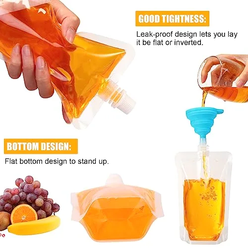 300 Pieces Plastic Liquid Pouch Reusable Juice Pouches Travel Water Leak Proof Bags Bulk with Collapsible Silicone Funnel for Travel Outdoor view 2