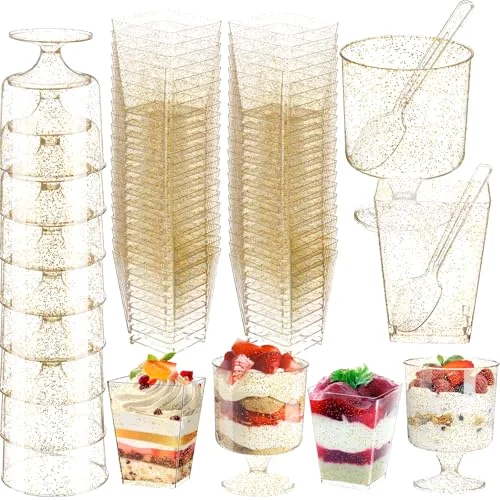 300 Pack Gold Glitter Dessert Cups with Spoons Plastic Parfait Cups with Gold Powder for Party Include Disposable 6oz Round and 5oz Square for Ice Cream Pudding Fruit Wedding Bridal Shower