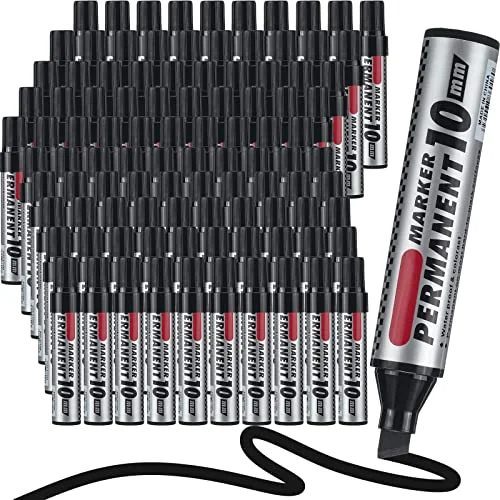 100 Pack Jumbo Size Markers Bulk, Black 10mm Chisel Tip Large Marker Pens, Waterproof Quick Dry Markers for Industrial Art, Work on Metal Wood Plastic Glass