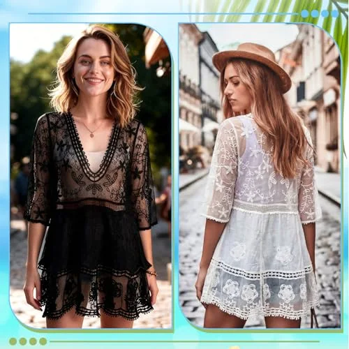 2 Pcs Lace Beach Cover up for Women Swimsuit Coverup Bathing Suit Cover up Black White for Poolside Seaside Party view 4