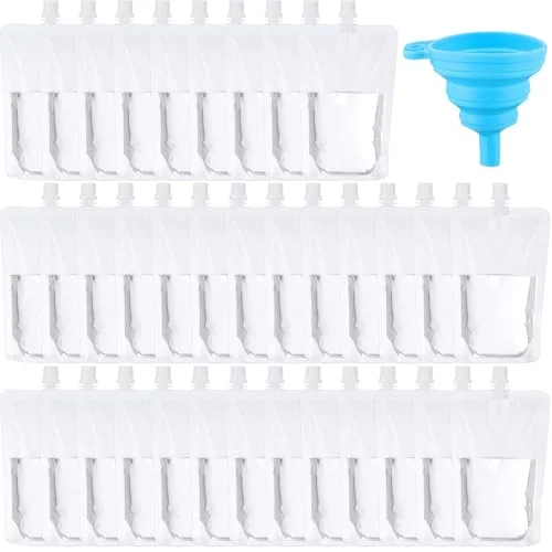 150 Pieces Plastic Liquid Pouch Reusable Juice Pouches Travel Water Leak Proof Bags Bulk with Collapsible Silicone Funnel for Travel Outdoor