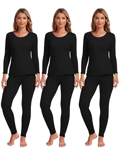 3 Sets Thermal Underwear for Women,Black,S