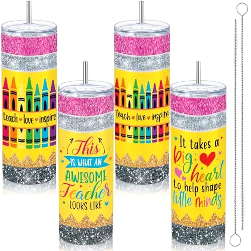 2 Pcs Teacher Tumbler 20 Oz Skinny with Lid Straw,Sequins
