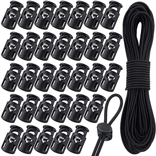 50 Pieces Cord Locks Spring Toggles Stoppers Plastic Single Hole End Stopper Slider and 1/8 Inch 66 Feet Elastic Bungee Cord for Drawstring Shoelaces Clothing Bags