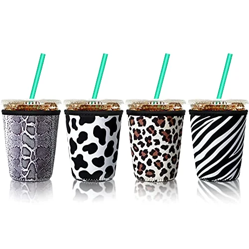 4 Pack Reusable Iced Coffee Insulator Sleeve, Neoprene Coffee Cup Holder for Iced Hot Drinks, Beverage Holder for Most Drinks