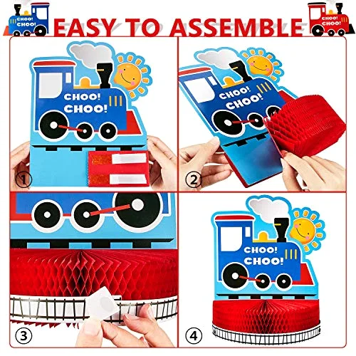 Train Birthday Party Banner Decorations Set, Happy Birthday Banner Railroad Steam Train Honeycomb Centerpiece, 6 Hanging Swirl Decoration for Baby Shower Transportation Vehicle Party Garland Supplies view 3