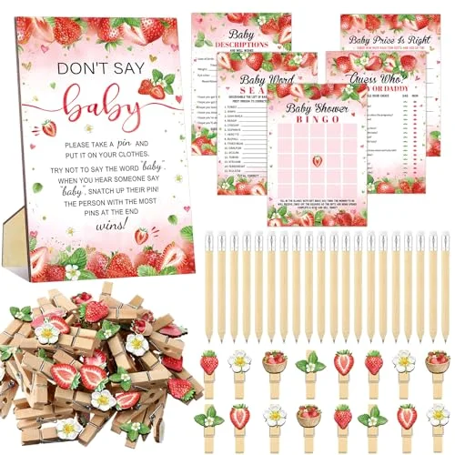 321 Pcs Strawberry Baby Shower Decorations, 5 Set Cards Pencils Clothespins