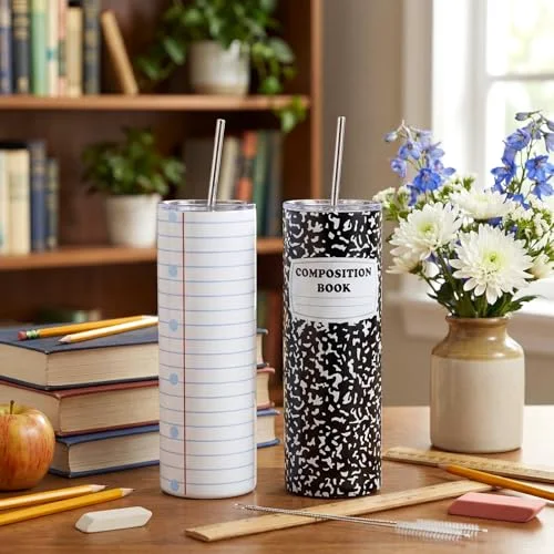 2 Pcs Back to School Teacher Gift Tumbler Composition Book 20 oz Skinny Tumbler Stainless Steel Cup with Lid Straw Brush Thank You Present view 4