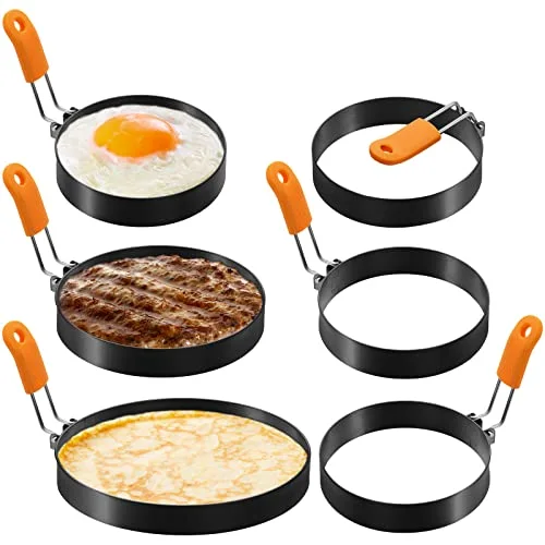 6 Pcs Egg Ring Pancake Ring Set Stainless Steel Fried Egg Molds Griddle Pancake Shapers with Silicone Handle for Breakfast Omelette Sandwich