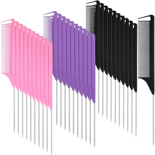 30 Pcs Rat Tail Steel Combs Fine Tooth Bulk,Black, Pink, Purple