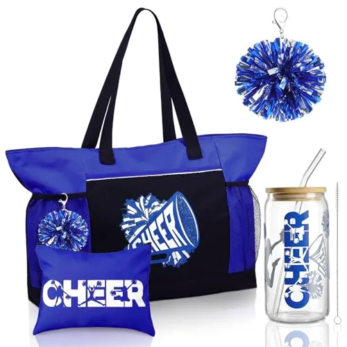 4 Pcs Cheerleader Gifts Set Cheer Tote Bag 20 oz Tumbler Women Makeup Bag Keychain Stuff Accessories for Cheerleader
