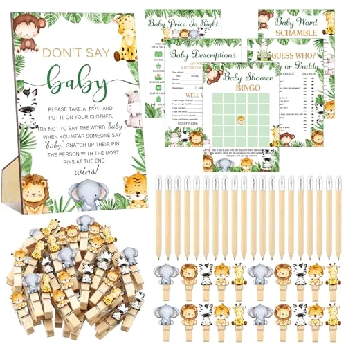 321 Safari Animal Baby Shower Games Jungle Animal Shower Birthday Party Supplies Wooden Don't Say Baby Theme Gender Reveal Party Games 5 Sets Activities Cards 20 Pencils 50 Clothespin
