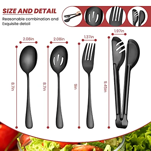 8 Pcs Black Stainless Steel Serving Utensils Set 8.7" Large Spoons and Slotted Spoon 9.45" Tong 9" Forks Flatware Wedding Party Restaurant Cooking Kitchen Holiday Buffet Banquet Catering Hotel view 2
