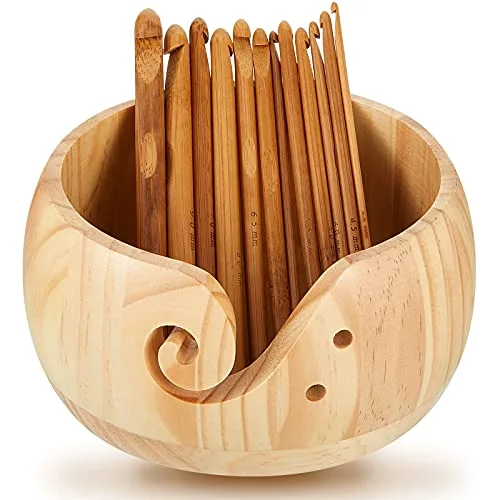 6 x 6 x 3 Inch Wooden Yarn Bowls for Crocheting Round Knitting Wool Storage Yarn Bowl Handmade with Holes 12 Pieces Crochet Hooks for Knitting DIY Crafts Tools