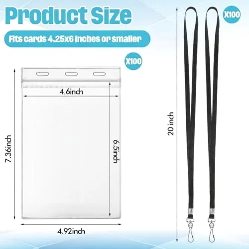 100 Pack 4 x 6 Inch Extra Large Badge Credential Holders with 20 Inch Lanyard Vertical Name ID Badge PVC Card Holder ID Protector Sleeve Lanyard Pouch for Office Passport Tickets view 2