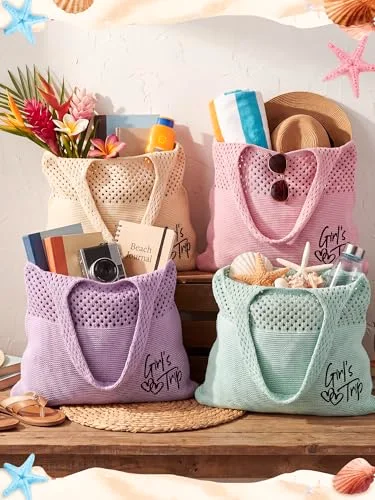 6 Pcs Girls Trip Gifts Embroidered Beach Mesh Tote Bags for Women Summer Beach Mesh Tote Girls Weekend Trip Favors view 3