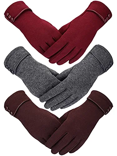 3 Pairs Winter Gloves Women Touchscreen,Wine Red, Gray, Brown