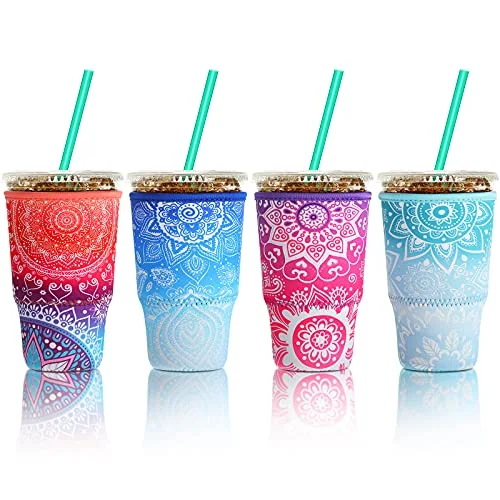 4 Pcs Iced Coffee Sleeves, 30-32 oz Large, Flower Style