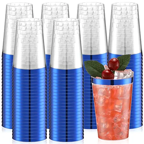 100 Pcs Blue Plastic Cups 12 oz Clear Disposable Cups with Blue Rim Plastic Wine Cocktail Glasses Drinking Tumblers for End of The Year Party Back to School Wedding Birthday Supplies