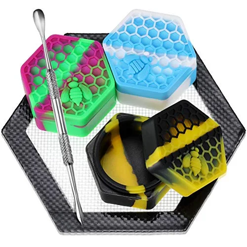 5 Pcs 26 ml Silicone Wax Concentrate Containers, Honeycomb Design Hexagon Non-stick Multi Use Storage Jars with Carving Tool & 5 Inch Wax Mat Pad for Oil Kitchen Storage