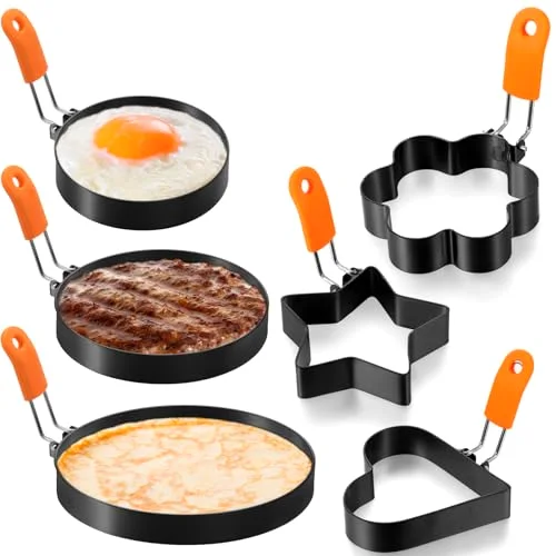 6 Pcs Egg Ring Pancake Ring Set Stainless Steel Fried Egg Molds Griddle Pancake Shapers with Silicone Handle for Breakfast Omelette Sandwich