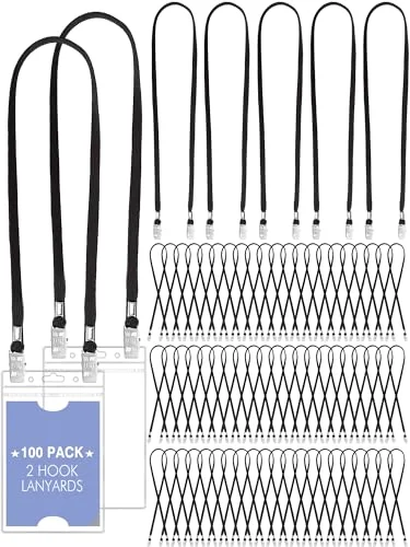 100 Pack Twist Free Double Clip Lanyards Bulk, Black