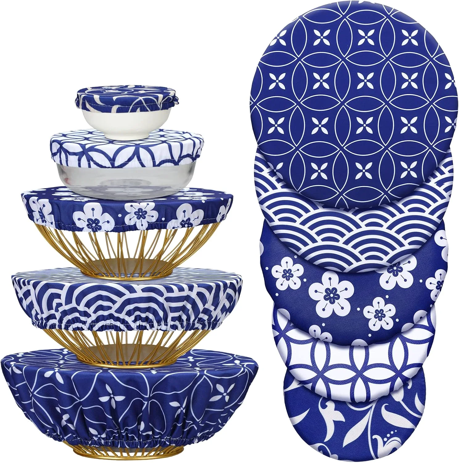 10 Pcs Reusable Bowl Covers in 5 Size, Blue White