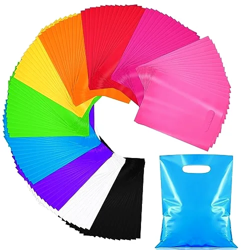 500 Pcs Small Plastic Gift Bags Bulk 8'' x 12'' Party Favor Bags Candy Treat Pouches with Handle for Kids Birthday Party Thanksgiving Halloween Christmas, 10 Colors