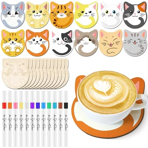 24 Pcs Cat Coasters Craft Set Wooden DIY Coasters Painting Kit with Markers Unfinished Cat Slices Make Your Own Wood Ornament Gift for Adults Handmade Holiday Decor Supplies