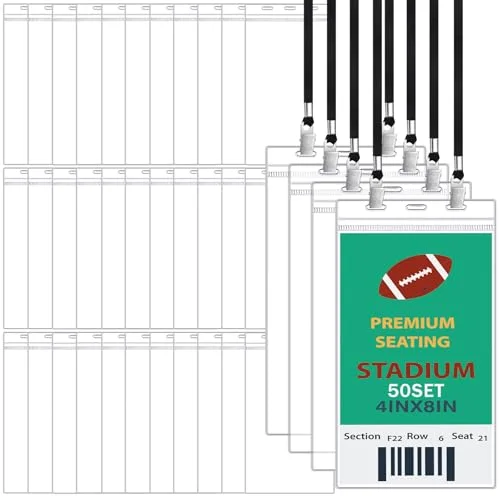 50 Pcs Extra Large 4 x 8 Inch ID Badge Holder with Double Clip Lanyard Bulk Clear Ticket Event Credential Badge Holder Waterproof ID Protector Sleeves for Office Sporting Event Concert
