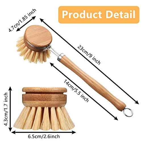 8 Pieces Dish Brush with Wood Handle, Natural Dish Scrubber Brush Set Includes 7 Replacement Bristle Heads & 1 Bamboo Handle for Dishes, Pans, Pot, Fruit and Veggie view 2