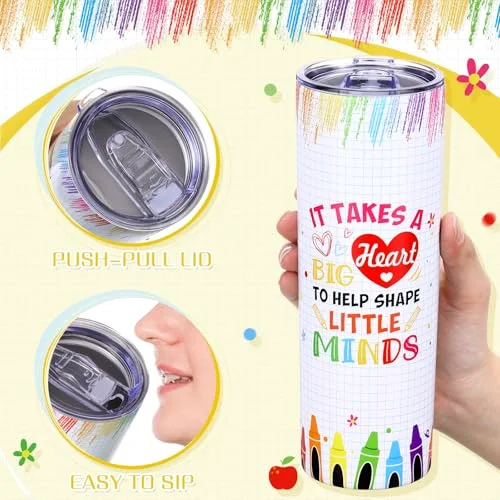 2 Pcs Back to School Teacher Gift Tumbler Composition Book 20 oz Skinny Tumbler Stainless Steel Cup with Lid Straw Brush Thank You Present view 4