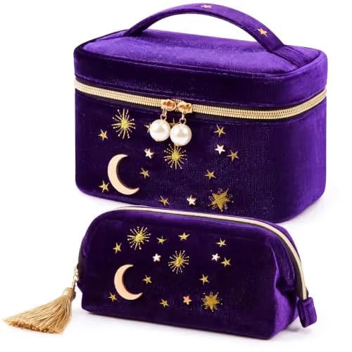 2pcs Velvet Makeup Bag Moon Star Cosmetic Bag,Royal Purple