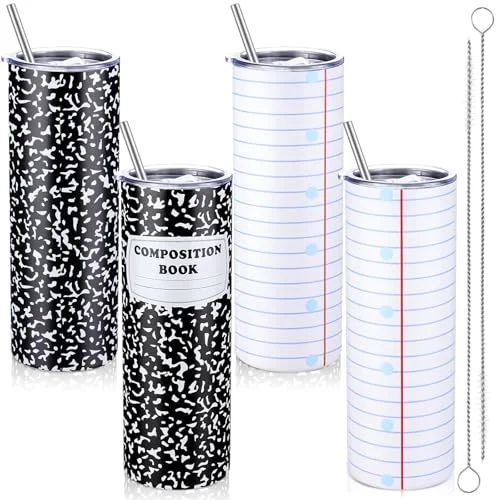 2 Pcs Back to School Teacher Gift Tumbler Composition Book 20 oz Skinny Tumbler Stainless Steel Cup with Lid Straw Brush Thank You Present