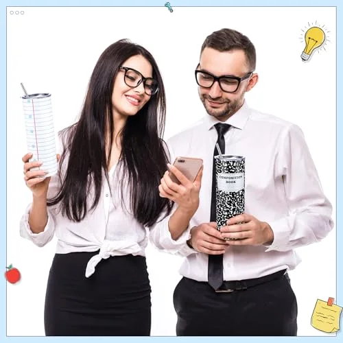 2 Pcs Back to School Teacher Gift Tumbler Composition Book 20 oz Skinny Tumbler Stainless Steel Cup with Lid Straw Brush Thank You Present view 3