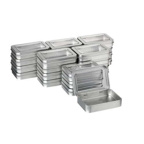 24 Pcs Rectangular Hinged Tins Box Metal Rectangular Empty Container Metal Storage Organizer Tins Mini Portable Box Containers with Clear Window for Candies