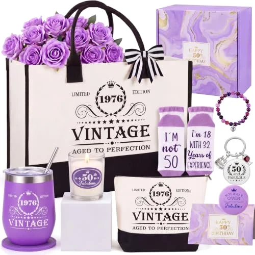 50th Birthday Gifts for Women - Vintage 1976 Tumbler Cup Birthday Tote Bag Cosmetic Bag Socks Bracelet Keychain Gifts Box Set for Mom Wife Grandma Sister Friends Aunt Gift Idea