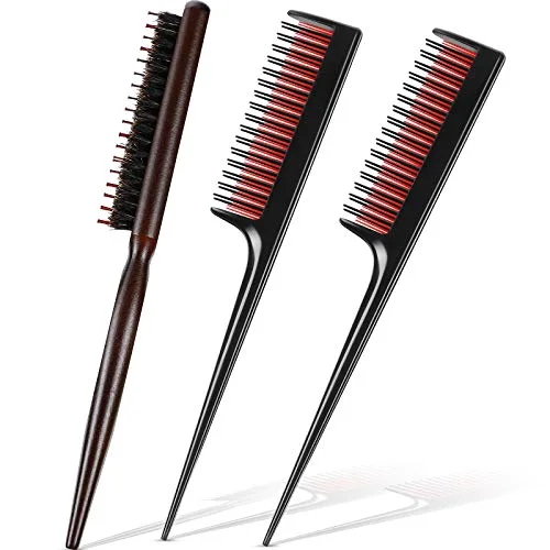 3 Pcs Hair Teasing Combs Boar Bristle Brush Triple Tooth,Black