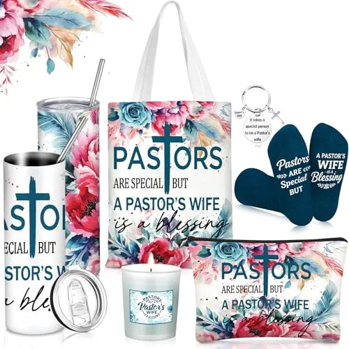 7 Pcs Pastor Wife Appreciation Gifts for Women Christian Thank You Gift for Pastor Wife 20oz Tumbler Candle Canvas Bag Makeup Bag Socks Keychain for Birthday